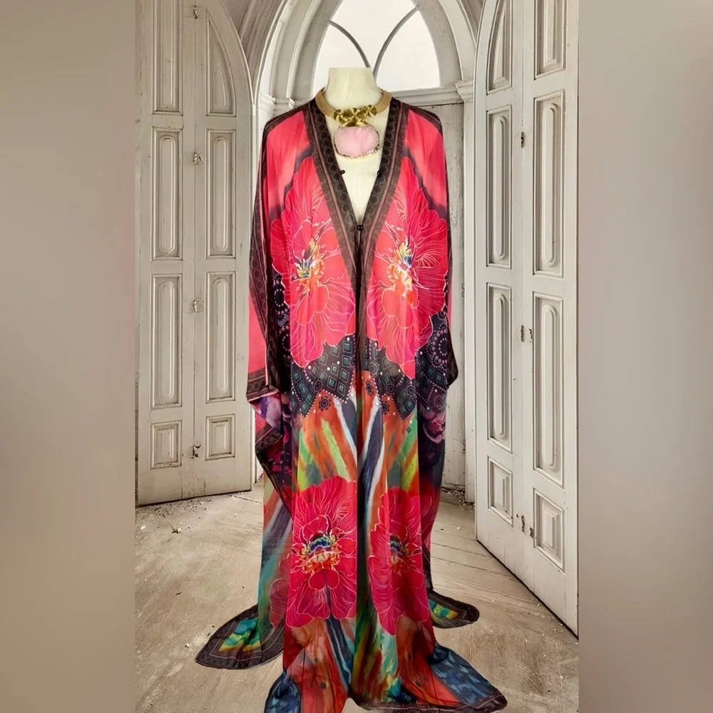 Elegant Floral Print Kaftan Oversized Maxi Kimono Tunic Poncho Coverup - Picture 5 of 14